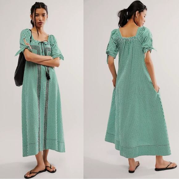 Free People Bohemian Embroidered Gingham Seersucker Cass Maxi Dress Green Small - Picture 2 of 16